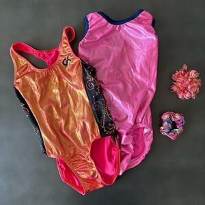 Set of GK Shimmering Gold and Pink and Alt Brand Pink and Blue Leotards